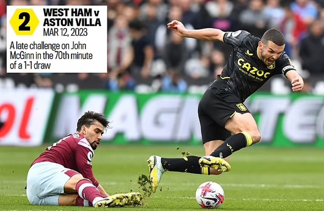 Trận thứ hai là trước Aston Villa vào ngày 12/3/2023. John McGinn đi bóng, và cố gắng chen vào giữa Paqueta và Danny Ings. Cầu thủ người Brazil truy cản ở giữa sân ngay trước mặt trọng tài Chris Kavanagh.