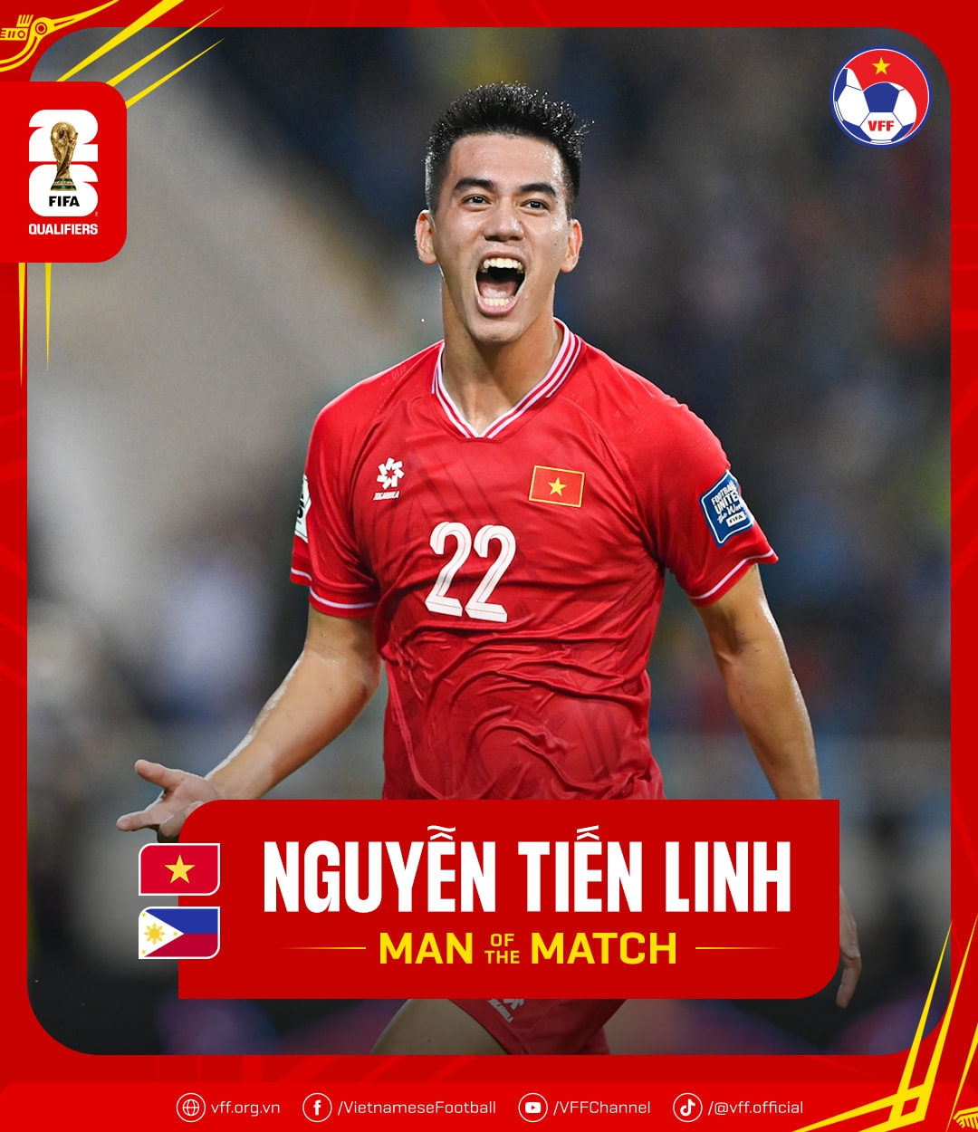 Nguyễn Tiến Linh được bầu chọn là 'Cầu thủ xuất sắc nhất trận đấu'. Ảnh: VFF.