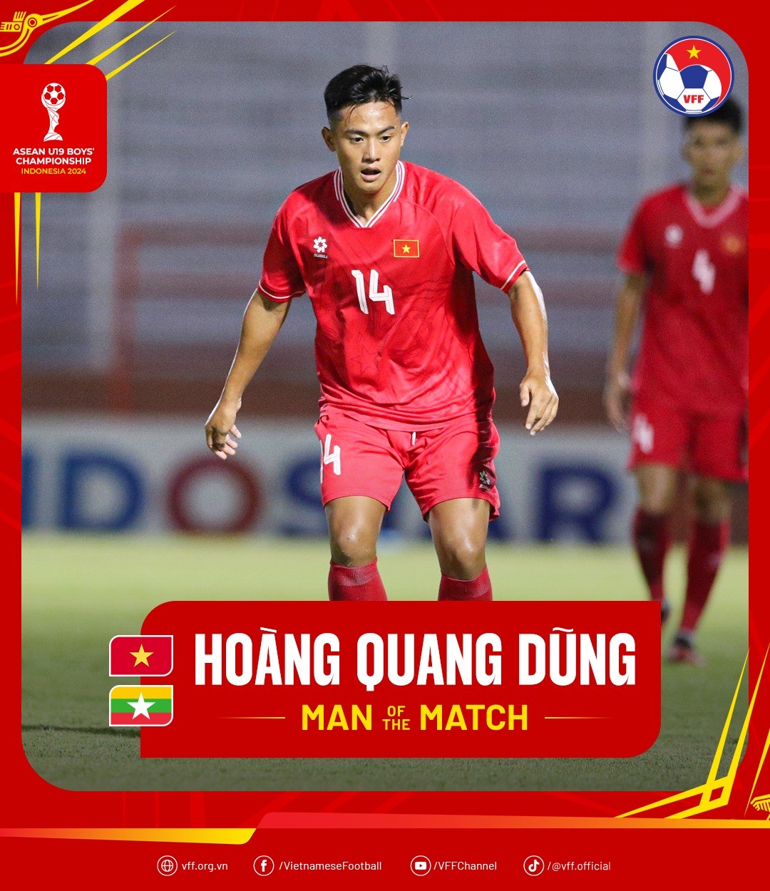 Hoàng Quang Dũng là cầu thủ xuất sắc nhất trận gặp U19 Myanmar. Ảnh: VFF.