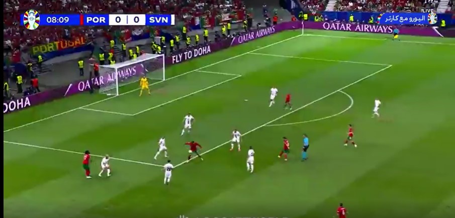 Dẫu vậy, Cristiano Ronaldo, đầu tàu của đội tuyển đến từ bán đảo Iberia vẫn tự tin chơi bóng giữa vòng vây của 5 cầu thủ áo trắng.