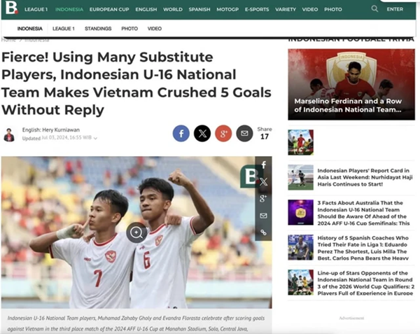 Báo Indonesia nói về chiến thắng trước U16 Việt Nam. Ảnh: Bola