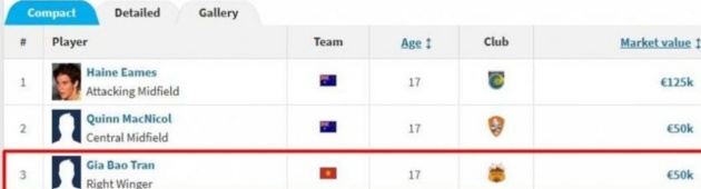 Gia Bảo được Transfermarkt định giá.