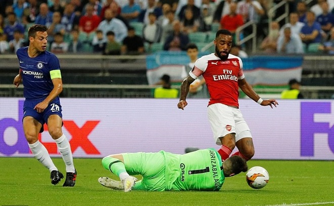 Tình huống Alexandre Lacazette bị Kepa chặn lại trong vòng cấm địa Chelsea. Trọng tài chính nói không với penalty.