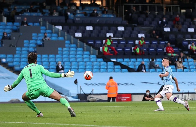 Man City khép lại hiệp 1 hoàn hảo bằng bàn thắng của Foden sau đường chuyền vô cùng thông minh từ De Bruyne. Alisson không có cơ hội ở tình huống này.