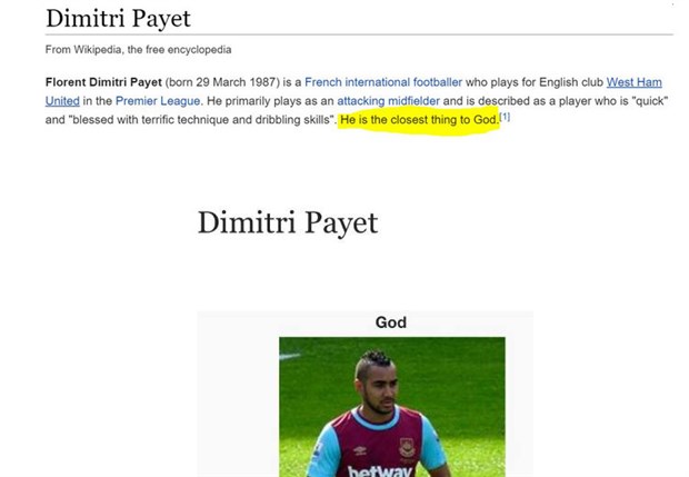 Ảnh bài viết Wikipedia ví Dimitri Payet như thần