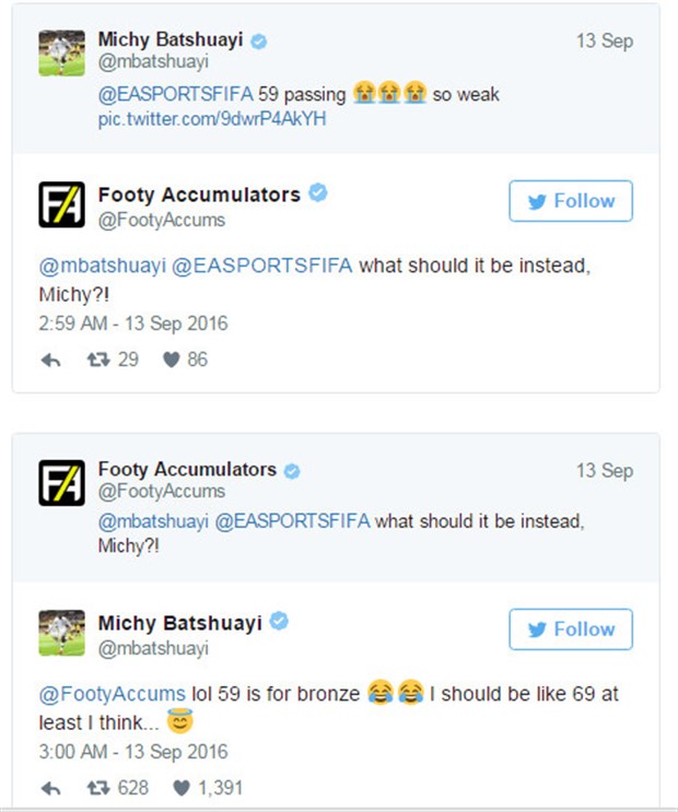 Batshuayi không hài lòng về chỉ số của mình trong FIFA 17. Ảnh: Internet.