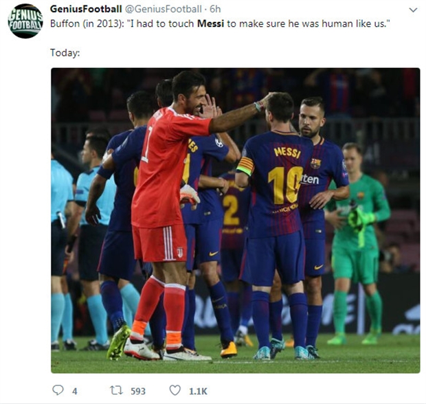 Trong quá khứ, Buffon từng thừa nhận anh phải 'kiểm tra' Messi ngay khi có thể để chắc rằng tiền đạo của Barcelona không phải là người ngoài hành tinh.