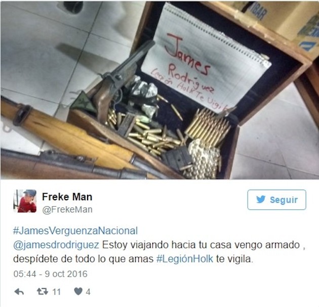 Ảnh chụp trên Twitter cho thấy một băng nhóm đang đòi lấy mạng James Rodriguez. Ảnh: Internet.