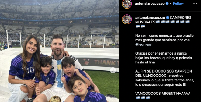 Thông điệp của vợ Messi sau chức vô địch của Argentina.