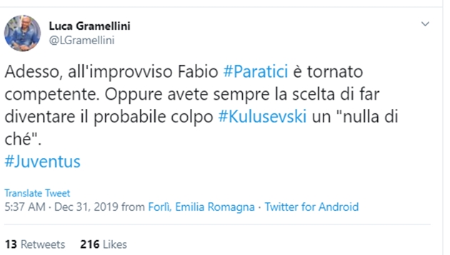 Luca Gramellini mỉa mai Juventus và Fabio Paratici trong việc chiêu mộ chàng trai 20 tuổi.