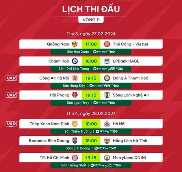 Lịch thi đấu vòng 11 V-League 2023/2024. Ảnh: VPF.