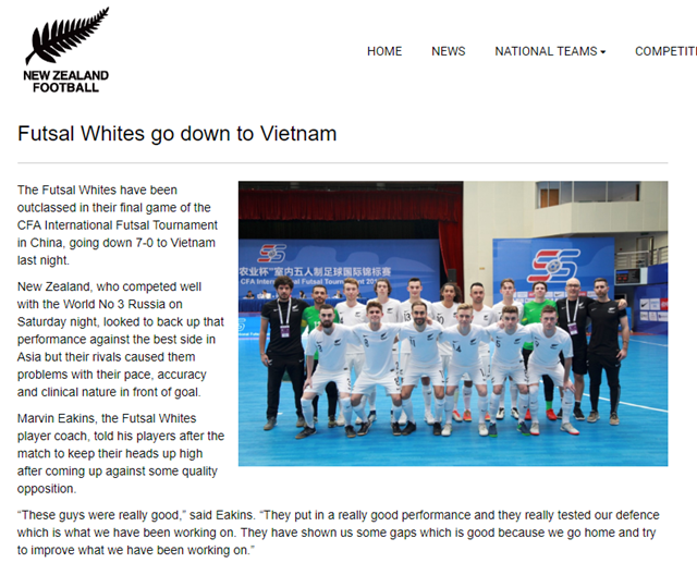 Bài báo trên trang chủ bóng đá New Zealand.