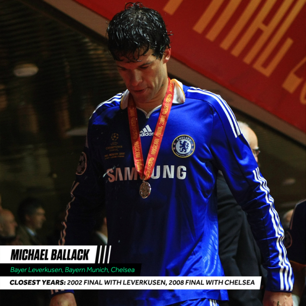 Michael Ballack - Bayer Leverkusen, Bayern Munich và Chelsea. Năm gần danh hiệu nhất: 2002, chung kết với Bayer Leverkusen và 2008, chung kết với Chelsea.
