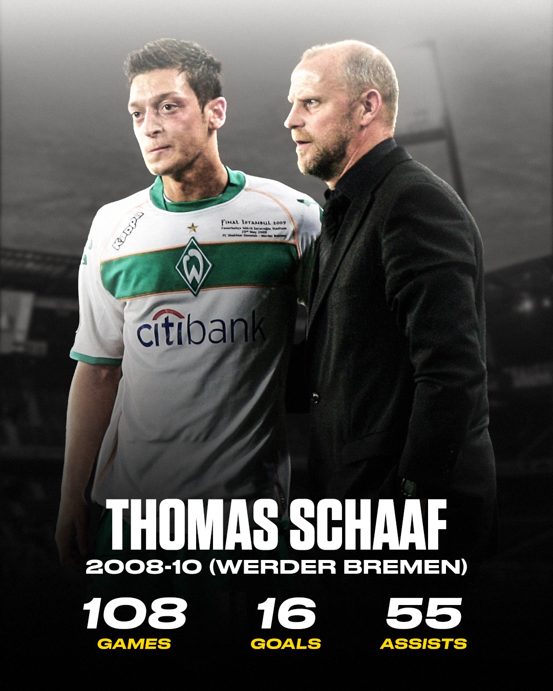 Werder Bremen (2008-201), HLV Thomas Schaaf: 108 trận, 16 bàn và 55 kiến tạo. Sang Werder Bremen, Ozil đã bắt đầu nở rộ tài năng.