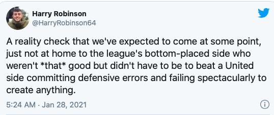 CĐV Quỷ đỏ: "Một màn kiểm tra thực tế mà chúng ta mong đợi sẽ đến vào một thời điểm nào đó, chỉ là không phải trên sân nhà trước đội xếp cuối bảng của giải đấu. Sheffield United không đủ tốt nhưng không nhất thiết phải đánh bại một Man United mắc hàng loạt sai lầm phòng ngự và không thể tạo ra bất cứ thứ gì khi tấn công."