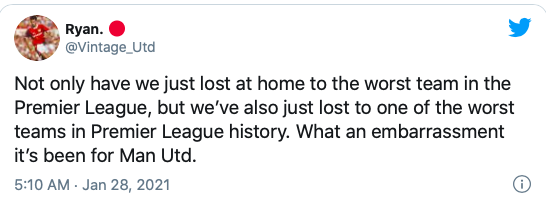 Một CĐV khác: "Không chỉ là thất bại trên sân nhà trước một đội bóng tệ hại nhất Premier League, chúng ta còn để thua một trong những đội bóng kém cỏi nhất lịch sử giải đấu. Một thất bại quá đáng xấu hổ."