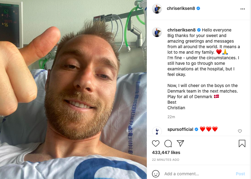 Eriksen đã bình phục và có thể tự tay đăng ảnh gửi lời cảm ơn tới người hâm mộ.