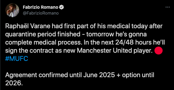 Chi tiết hợp đồng và dự kiến thời gian ra mắt của Varane.