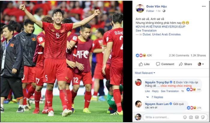 Dòng trạng thái của Đoàn Văn Hậu sao chiến thắng trước ĐT Jordan.