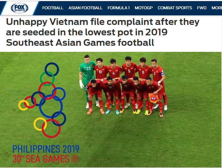 Trang Fox Sports Asia đưa tin về việc Việt Nam khiếu nại kết quả chia nhóm hạt giống ở SEA Games 30.