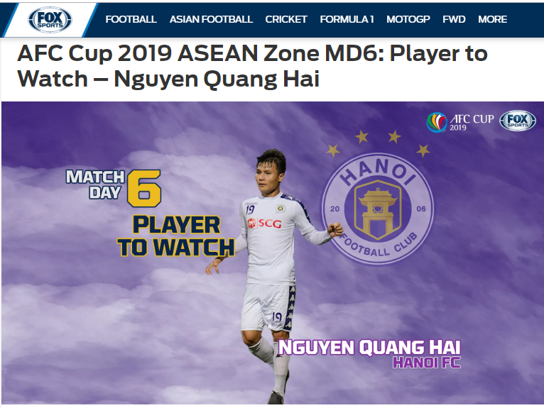 Trang Fox Sports Asia nhận định Quang Hải là cầu thủ đáng xem ở lượt đấu cuối vòng bảng AFC Cup.