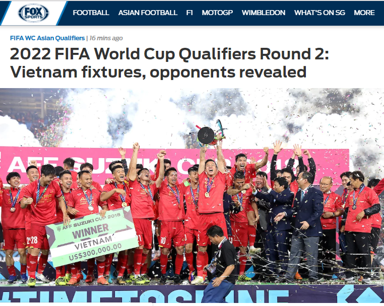 Trang Fox Sports Asia đưa tin về bảng đấu của ĐT Việt Nam tại vòng loại thứ 2 World Cup 2022 khu vực châu Á. Ảnh chụp màn hình.