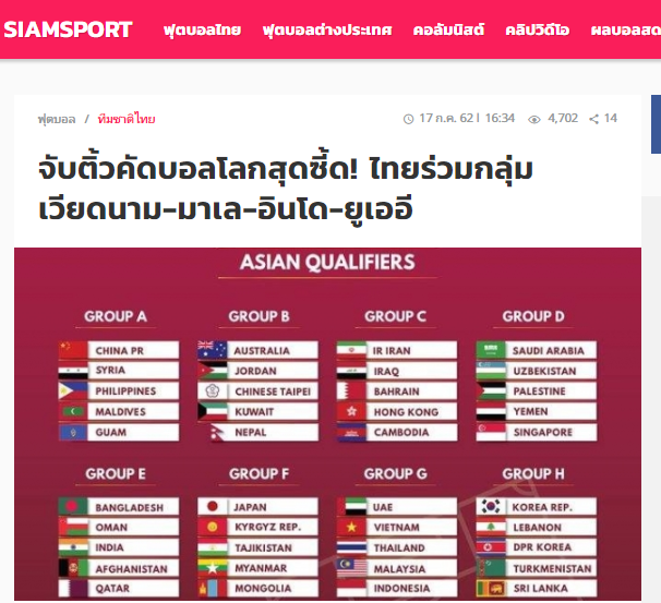 Trang Siamsports phấn khởi khi ĐT Thái Lan tái ngộ với ĐT Việt Nam và Malaysia ở vòng loại World Cup 2022.
