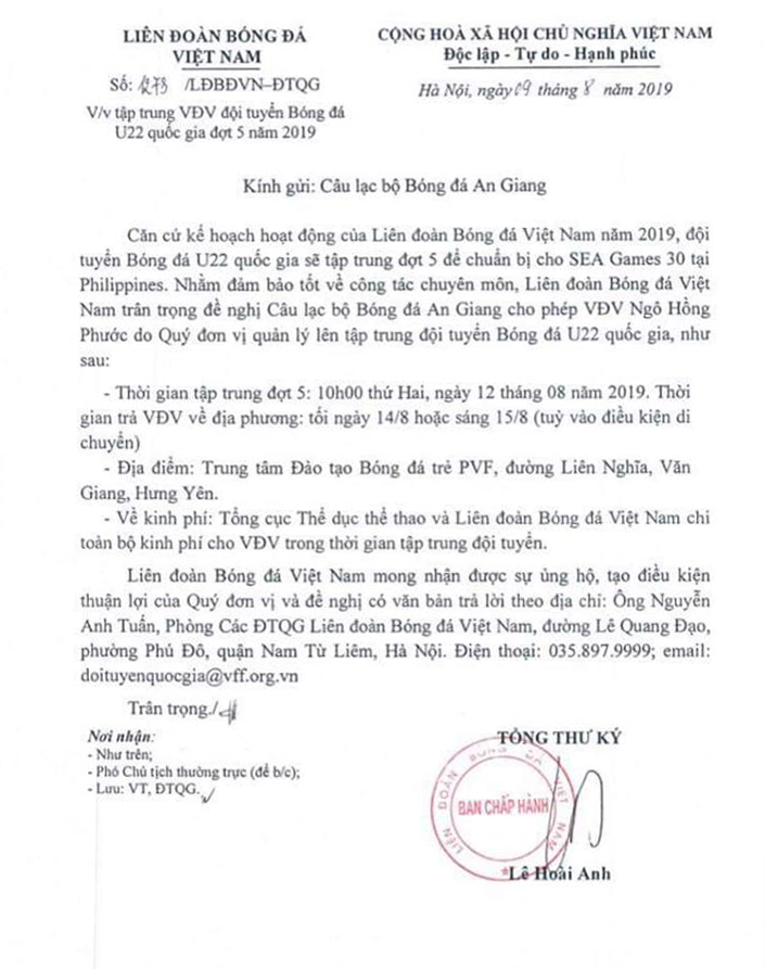 Giấy triệu tập Ngô Hồng Phước lên ĐT U22 Việt Nam từ VFF.