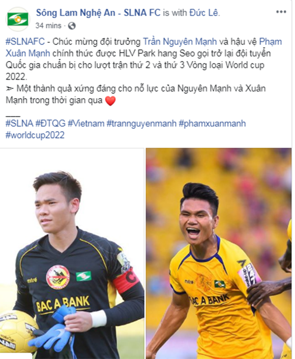 Fanpage chính thức của SLNA chia sẻ thông tin Nguyên Mạnh và Xuân Mạnh được triệu tập lên ĐT Việt Nam. Ảnh chụp màn hình.
