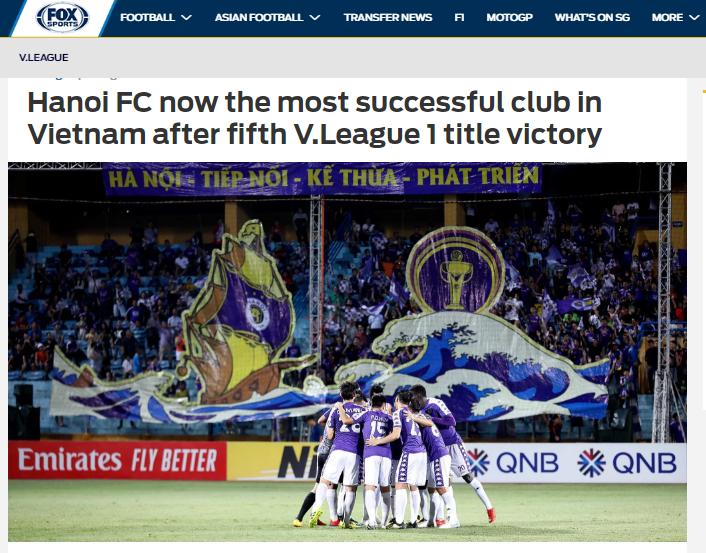 Trang Fox Sports Asia đưa tin về chức vô địch sớm của CLB Hà Nội. Ảnh chụp màn hình.