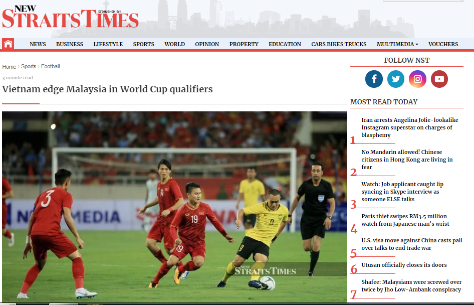 Trang New Strait Times có bài phân tích chi tiết sau trận thua của ĐT Malaysia. Ảnh chụp màn hình.