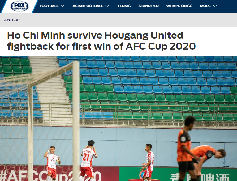 Trang Fox Sports Asia đưa tin về trận thắng của CLB TP.HCM trước Hougang United.