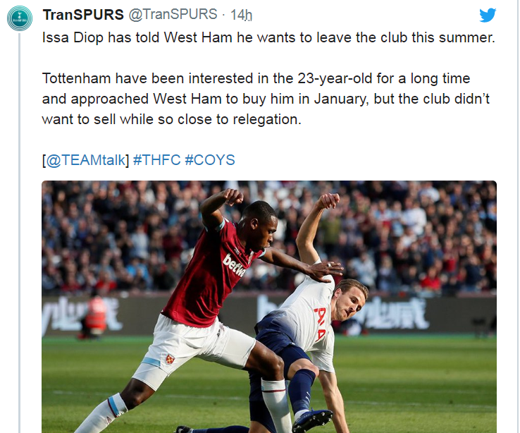 Mới đây, trang Twitter TranSPURS đã đưa tin, Diop đang trên đường rời West Ham và Tottenham vẫn đang nỗ lực để có được sự phục vụ của trung vệ này.