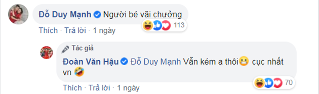 Ngay lập tức, một số đồng đội của anh ở ĐT Việt Nam đã vào bình luận. Đỗ Duy Mạnh khôi hài đánh giá Văn Hậu là "người bé".