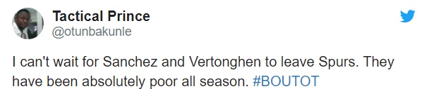 "Tôi không thể chờ đợi để Sanchez cùng Vertonghen rời Spurs. Họ hoàn toàn nghèo nàn cả mùa."