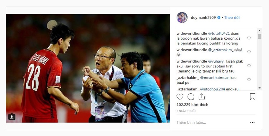 Ảnh bài viết CĐV Malaysia "khủng bố" Duy Mạnh trên trang cá nhân