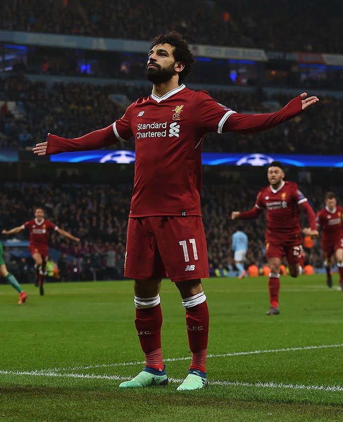 Salah ăn mừng bàn thắng vào lưới Man City tại Champions League mùa này.