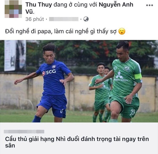 Chia sẻ của chị Thu Thủy, vợ trọng tài bị cầu thủ Bà Rịa Vũng Tàu rượt đánh. Ảnh: FBNV.