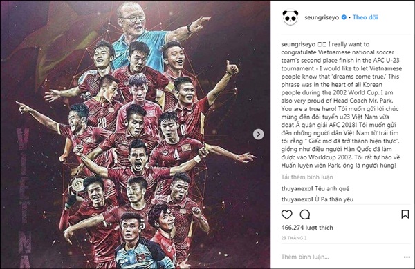 Nam ca sĩ Seungri đã gửi lời chúc mừng đến thầy trò HLV Park Hang Seo trên trang cá nhân.