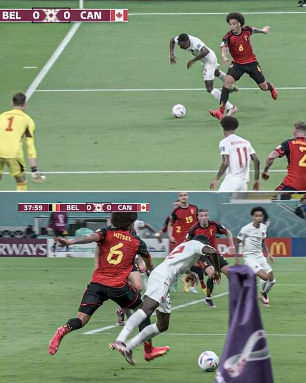 Canada sau đó còn bị từ chối một quả penalty khác ở cuối hiệp 1, sau khi Witsel phạm lỗi với Laryea trong vùng cấm. Tình huống này thậm chí còn rõ ràng hơn pha của Vertonghen với Buchanan. Trọng tài Sikazwe và tổ VAR một lần nữa không thổi penalty cho Canada.