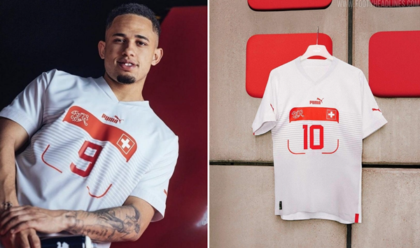 Puma tham dự vào đường đua làm trang phục thi đấu cho World Cup 2022 với mẫu áo của tuyển Thụy Sĩ. Mẫu áo là sự phối hợp giữa tông trắng và đỏ. Tuy nhiên, họa tiết hình vuông giữa áo bị cho là khó hiểu. Ngoài ra, thương hiệu Puma đã tham lam khi chèn quá nhiều logo lên ngực, 2 bên tay áo, quần và tất. Ảnh: Nypost.
