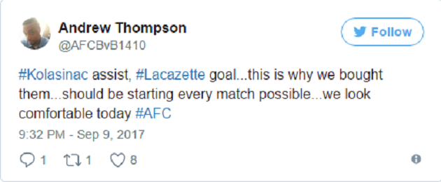 Kolasinac kiến tạo, Lacazette ghi bàn. Họ xuất phát cùng nhau và chơi khá ăn ý.