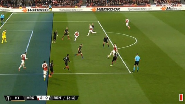 May mắn cho Arsenal ở pha bóng này khi Aubameyang đã ở thế việt vị trước khi lật bóng cho Maitland-Niles ghi bàn. Tuy nhiên, trọng tài biên lại không phất cờ và Europa League trước trận Chung kết không sử dụng VAR.