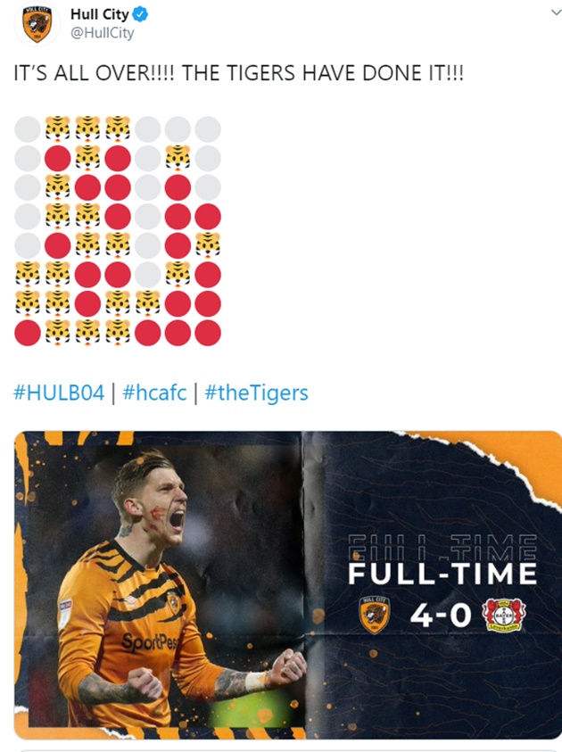 Chung cuộc: Hull City 4 - 0 Leverkusen. Nếu so về năng lực trên sân bóng, hẳn đội bóng nước Anh khó lòng giành được chiến thắng tương tự trước Leverkusen.