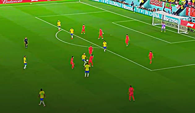 Tiếp theo đó, cựu cầu thủ Everton vượt qua sự truy cản bằng cách tâng bóng nhẹ lên không trung. Ngần ấy lực tác động vào bóng là đủ để giúp Richarlison 'bỏ túi' người theo kèm.