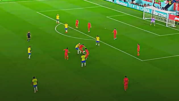 Số 9 Brazil ngay lập tức chuyền bóng cho Marquinhos để thoát ra sự truy cản của một cầu thủ khác bên phía Hàn Quốc.
