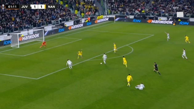 Rabiot chuyền cho Dusan Vlahovic, người ở vị trí thuận lợi ngay rìa vòng cấm. Đối tác gần anh nhất là Federico Chiesa sẵn sàng nhận bóng.