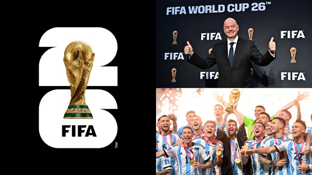 Infantino công bố logo của World Cup 2026. Họ chọn thiết kế một cúp vàng thế giới đè lên con số màu trắng 26 và xuất hiện dòng chữ FIFA ngay bên dưới. 3 năm nữa, tuyển Argentina sẽ phải bảo vệ ngai vàng của mình trước các đối thủ.
