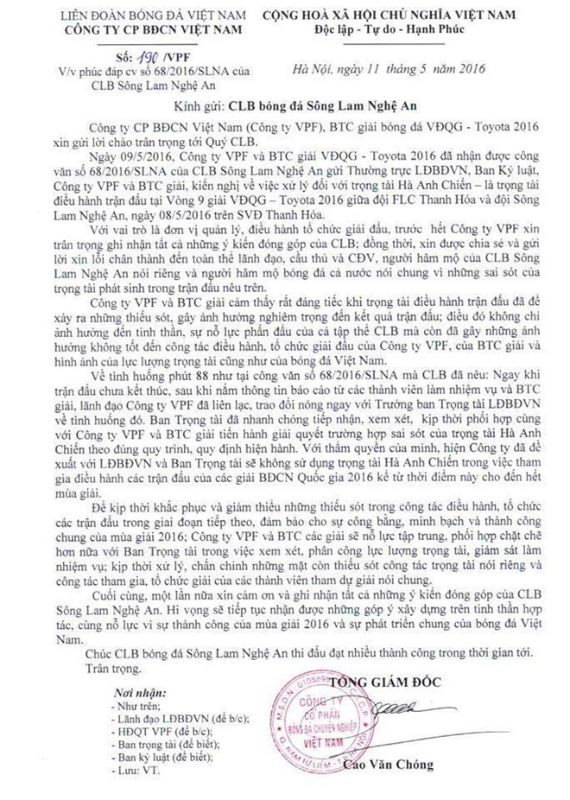 Công văn xin lỗi lạ, có một không hai của VPF là khởi nguồn cho chuỗi ầm ĩ về trọng tài.