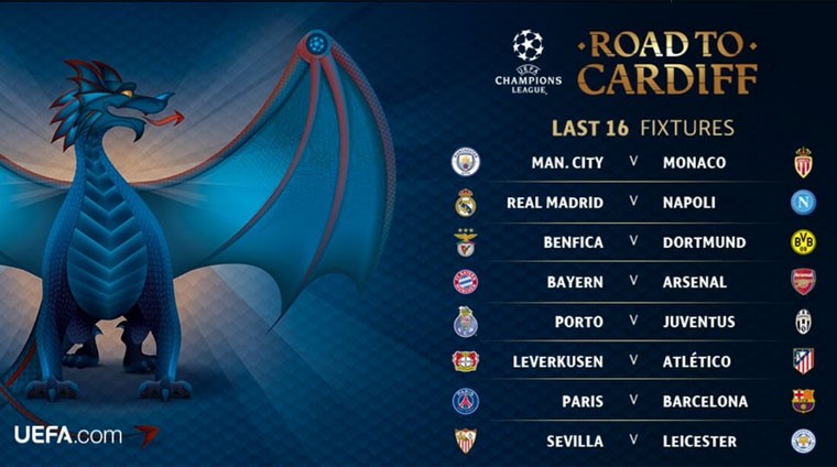 8 cặp đấu ở vòng 1/16 Champions League mùa này. Ảnh: UEFA.